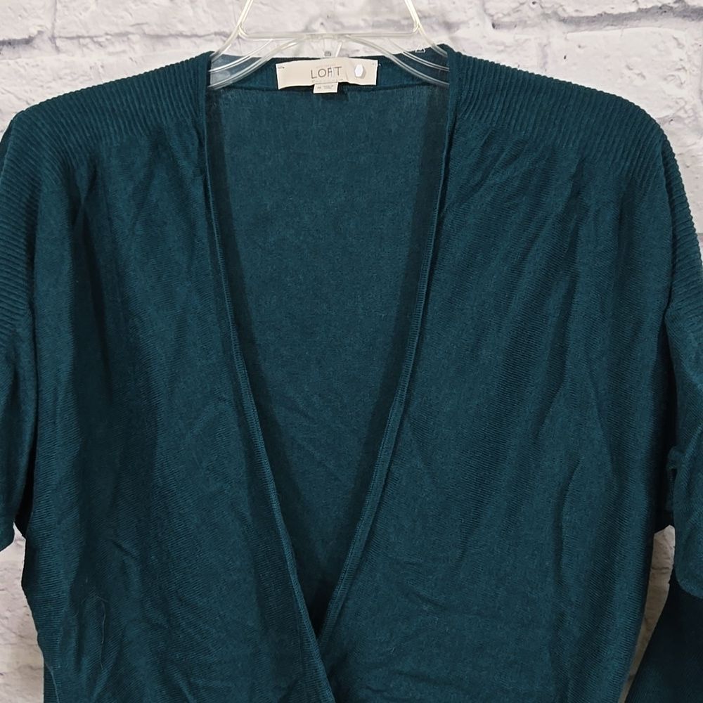 LOFT Teal Surplice Sweater Medium Wool Blend Faux Wrap 3/4 Sleeve Work Top - Picture 3 of 10